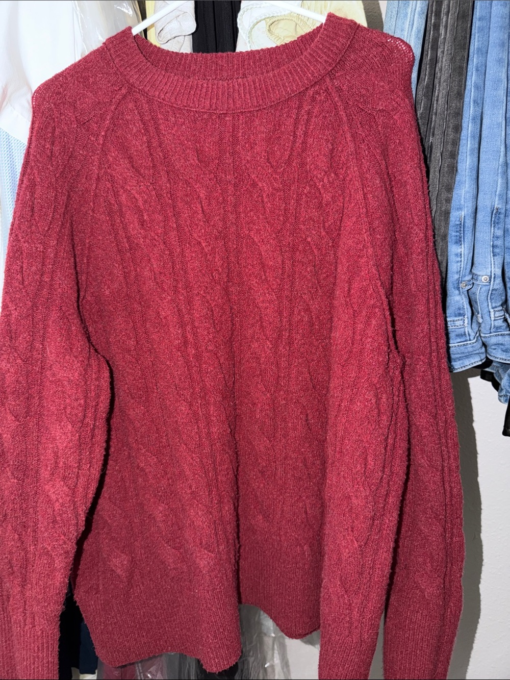 aerie Cable Knit Crewneck Sweater in Deep Berry